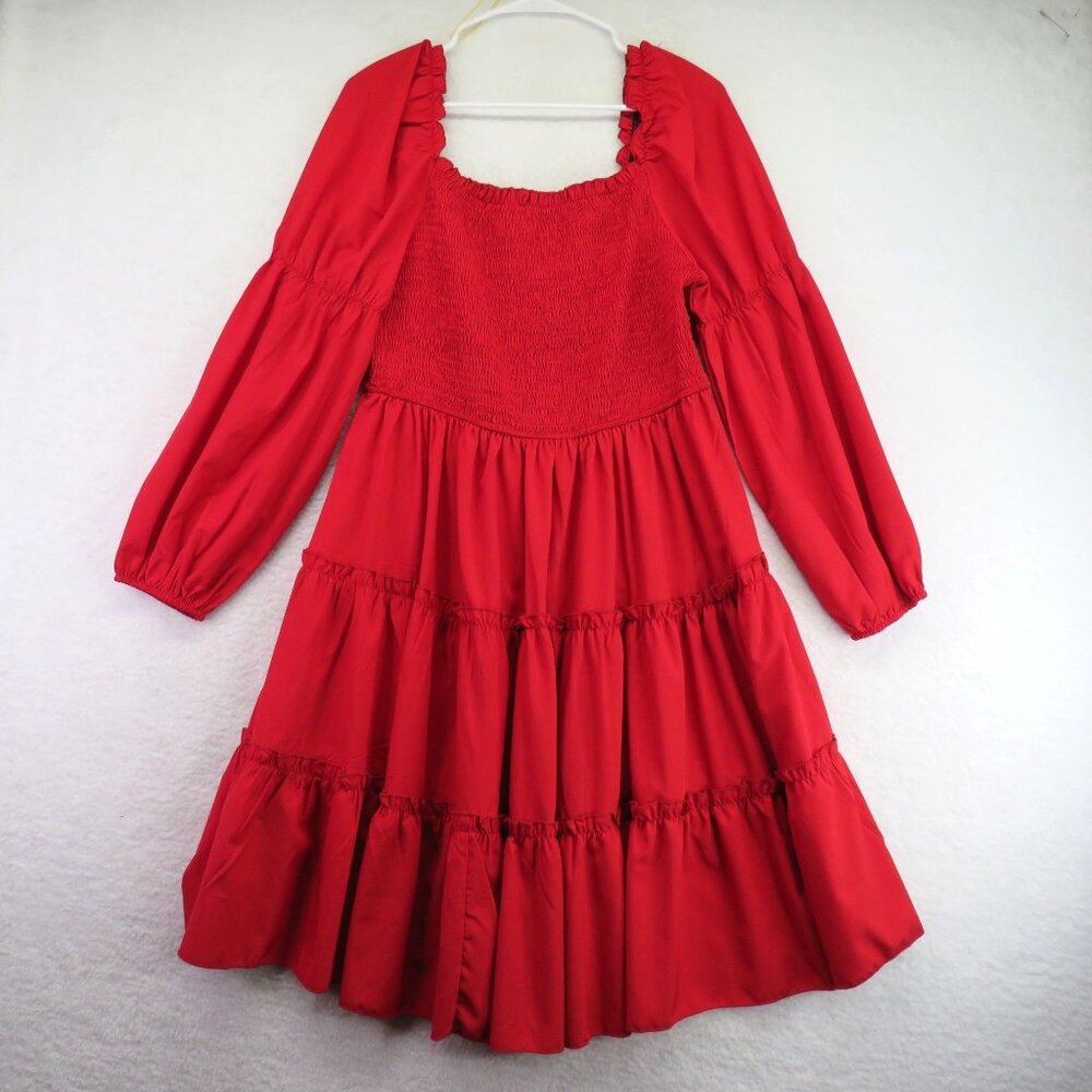 Shein Curve Dress Size 0 XL Red Smocked‎ Long Sleeve Tiered Ruffles Square Neck